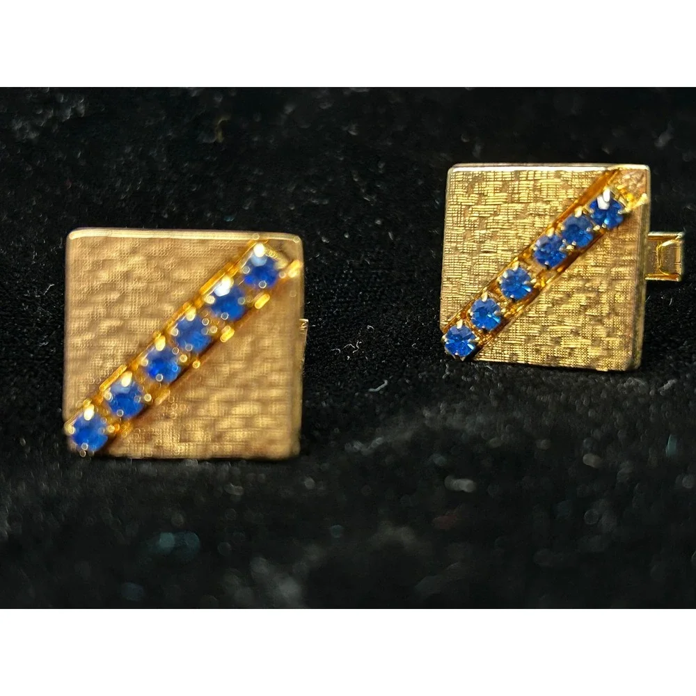 Vintage Gold Tone Textured Square Cufflinks and Tie Tack Set Blue Rhinestones